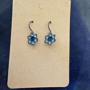 Vintage Blue Rhinestone Floral Dangle Earrings | Antiqued Silver Tone